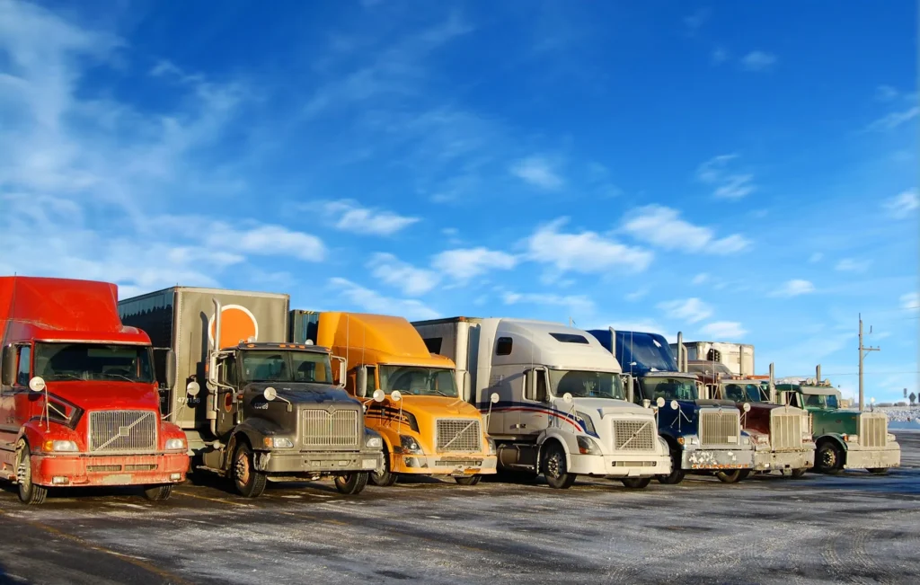 A line of trucks in a lot.