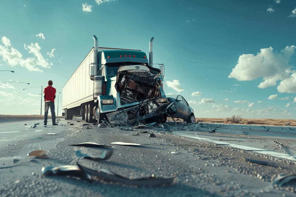 A truck accident with a man standing nearby.