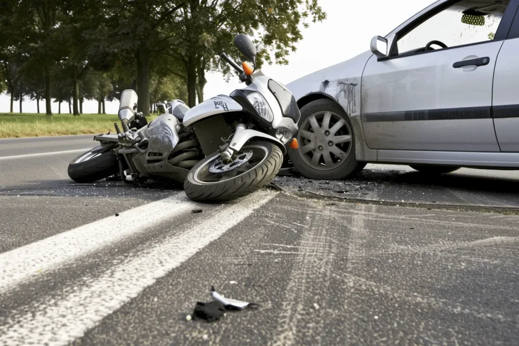 A motorcycle crashed into a car.