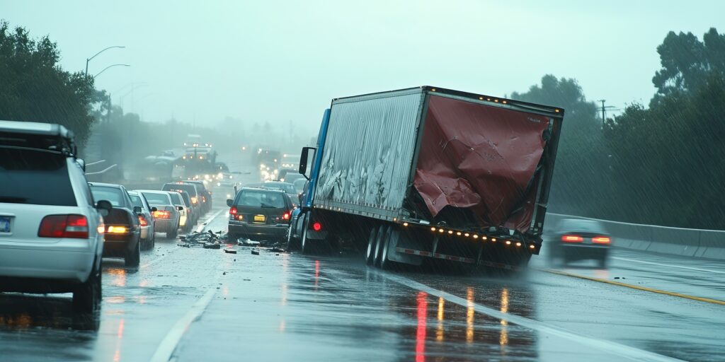 A semi-truck smashed into a line of cars in the rain.