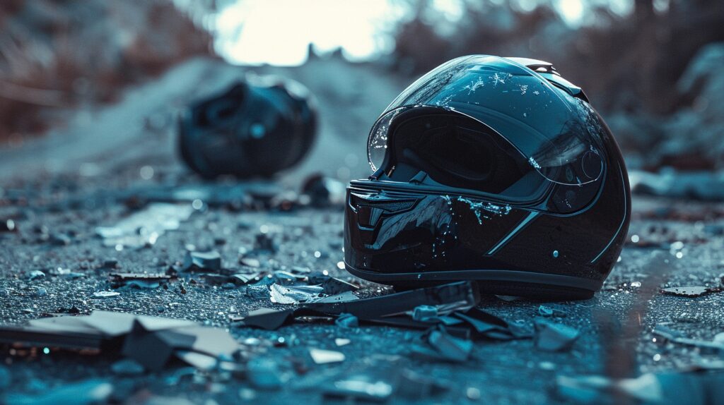 A smashed motorcycle helmet on the road after an accident.