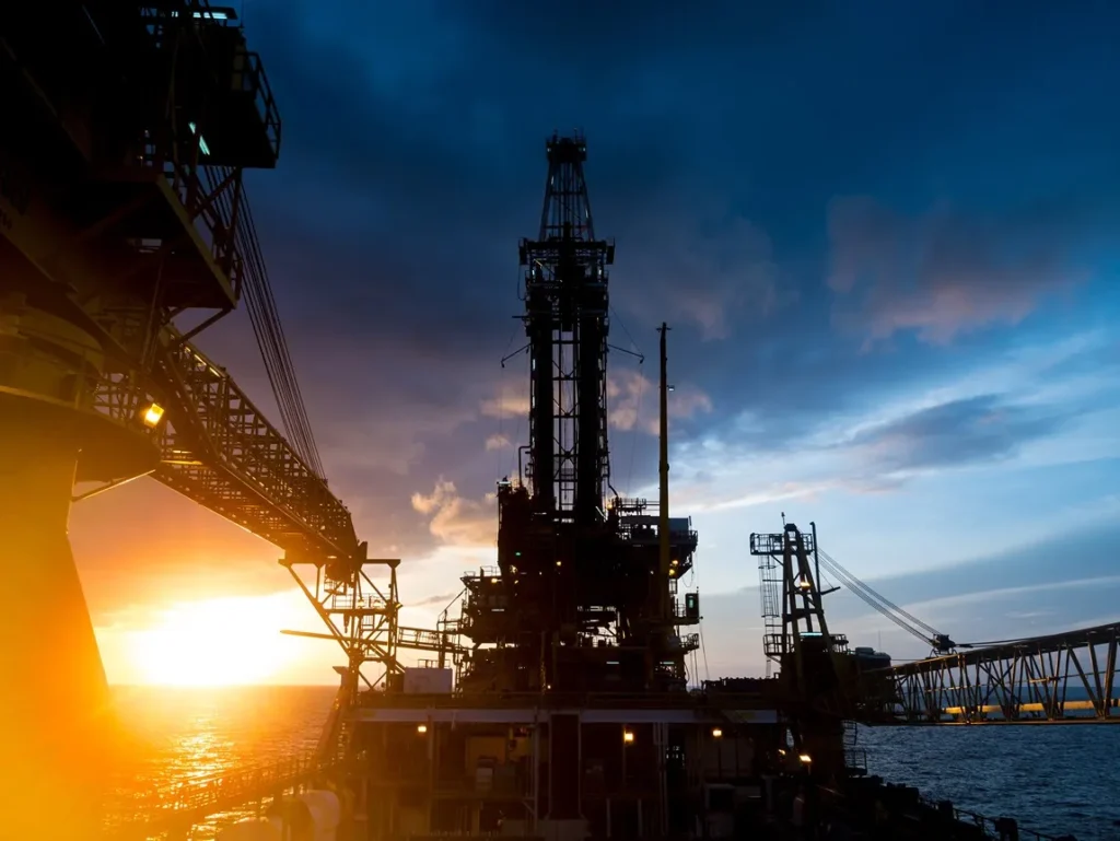 An oil rig at sea.